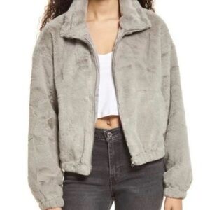 BP Brass Plum Soft Gray Faux Fur Teddy Jacket Coat Small S Zip Bomber Nordstrom